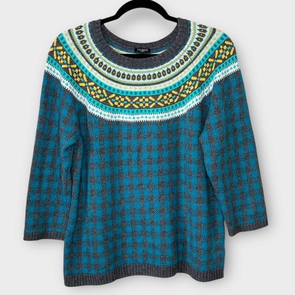 TALBOTS Wool Blend Nordic Print & Plaid Crewneck Sweater Size XL Petite blue - Picture 2 of 5